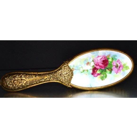 Vintage Hair Brush Gilt Handle Trim Floral Pattern Backing Regency MCM Decor - Picture 1 of 8